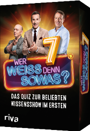 Drei Erwachsene stehen vor einem leuchtenden, bunten Schriftzug mit der Aufschrift „Wer wei denn sowas?“ und darunter der Text „Das Quiz zur beliebten Wissensshow im Ersten“.  Beschreibung von KI generiert