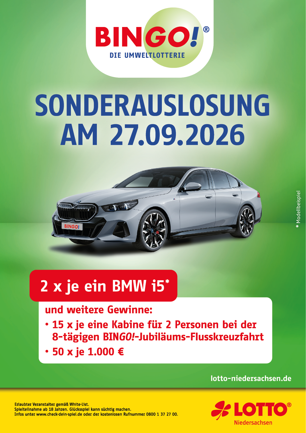 Sonderauslosung am 27.09.2026 mit Hauptgewinn von zwei BMW i5 und weiteren Preisen wie Kabinen f r zwei Personen auf einer BINGO-Jubil ums-Flusskreuzfahrt und Geldgewinnen, pr sentiert von Lotto Niedersachsen. Beschreibung von KI generiert