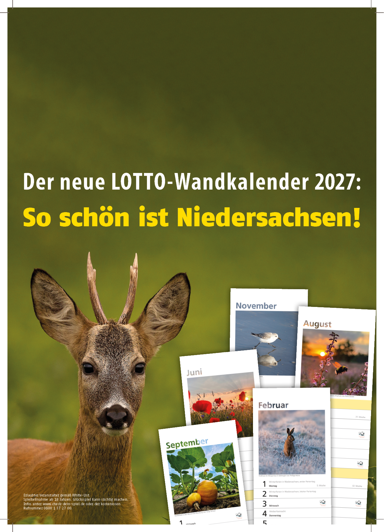Ein Kalender f r das Jahr 2027 zeigt einen Rehbock vor gr nem Hintergrund und mehrere Monatsbl tter mit Naturmotiven wie V geln, Blumen und Tieren, beworben als sch ner Wandkalender f r Niedersachsen. Beschreibung von KI generiert