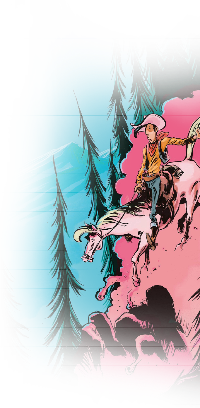 Eine Person mit Cowboyhut reitet auf einem springenden Ziegenbock durch einen farblich kontrastreichen Wald mit blauen und roten Hintergr nden. Beschreibung von KI generiert