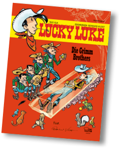 Auf dem Cover eines Lucky Luke Comics liegt eine Person in einem Sarg, umgeben von mehreren Personen in Cowboykleidung und verschiedenen Tieren, alles im Comicstil gezeichnet. Beschreibung von KI generiert