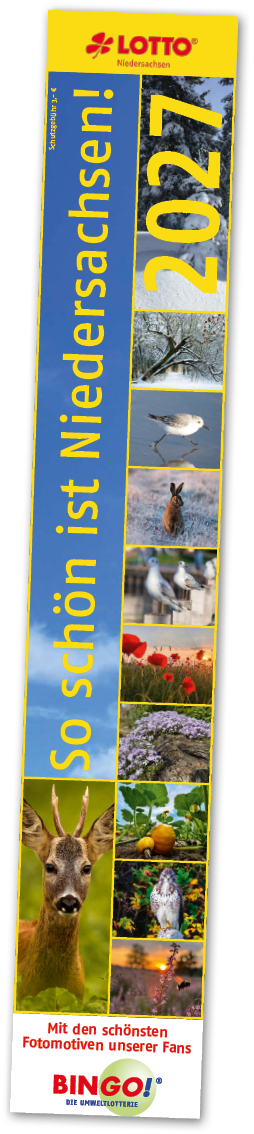Werbung f r Lotto Niedersachsen mit dem Slogan „So sch n ist Niedersachsen“ und einer Collage aus Natur- und Tierfotos aus dem Jahr 2027. Beschreibung von KI generiert