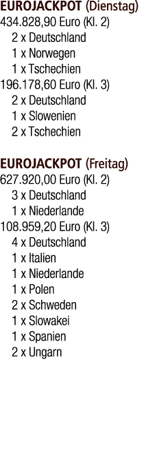EUROJACKPOT (Dienstag) 434.828,90 Euro (Kl. 2) 2 x Deutschland 1 x Norwegen 1 x Tschechien 196.178,60 Euro (Kl. 3) 2 ...