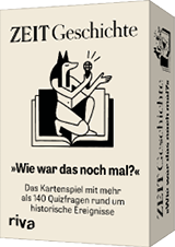 Kartenspielverpackung mit einer stilisierten Figur, die ein Mikrofon h lt, und Text ber ein Quizspiel zu historischen Ereignissen.  Beschreibung von KI generiert