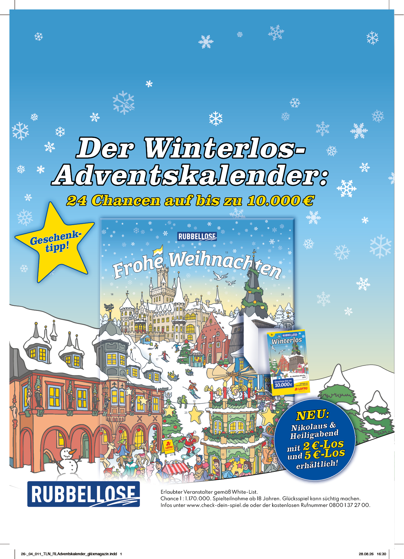 Der Winterlos-Adventskalender zeigt eine winterliche Stadt mit verschneiten H usern, einem Weihnachtsbaum und einem Hinweis auf Gewinnchancen bis zu 10.000 Euro. Beschreibung von KI generiert