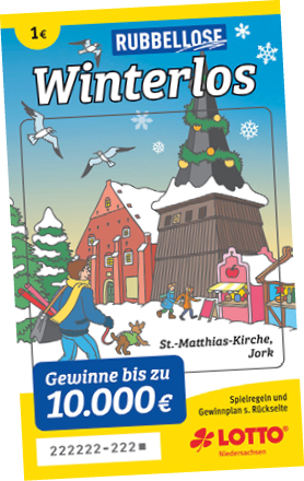 Winterliche Illustration mit Menschen und Hund vor verschneiter Kirche und Weihnachtsmarktst nden, beworben wird ein Rubbellos mit Gewinnchance. Beschreibung von KI generiert