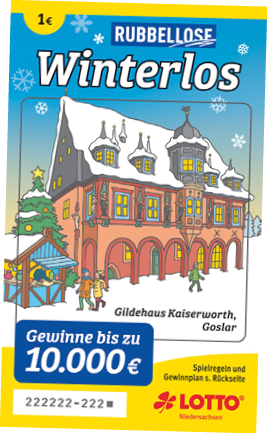 Ein winterliches Los mit einer Illustration eines historischen Geb udes mit Schnee auf dem Dach, Menschen in Winterkleidung und einem Weihnachtsbaum, das einen Gewinn von bis zu 10.000 Euro verspricht. Beschreibung von KI generiert