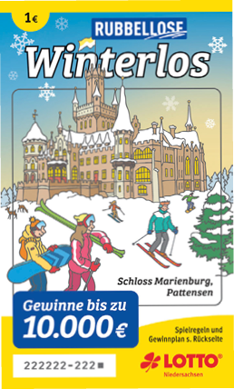 Winterliche Illustration eines verschneiten Schlosses mit mehreren Personen, die Ski fahren und Snowboarden, beworben als Rubbel-Los Winterlos mit Gewinnm glichkeit und Lotto-Logo. Beschreibung von KI generiert
