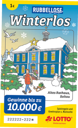 Winterlos-Rubbellos mit winterlicher Illustration eines blauen Hauses mit Schnee, Tannenb umen, einem Schneemann und einer Person mit roter Jacke, die an einem Schlitten mit Geschenk vorbeigeht. Beschreibung von KI generiert