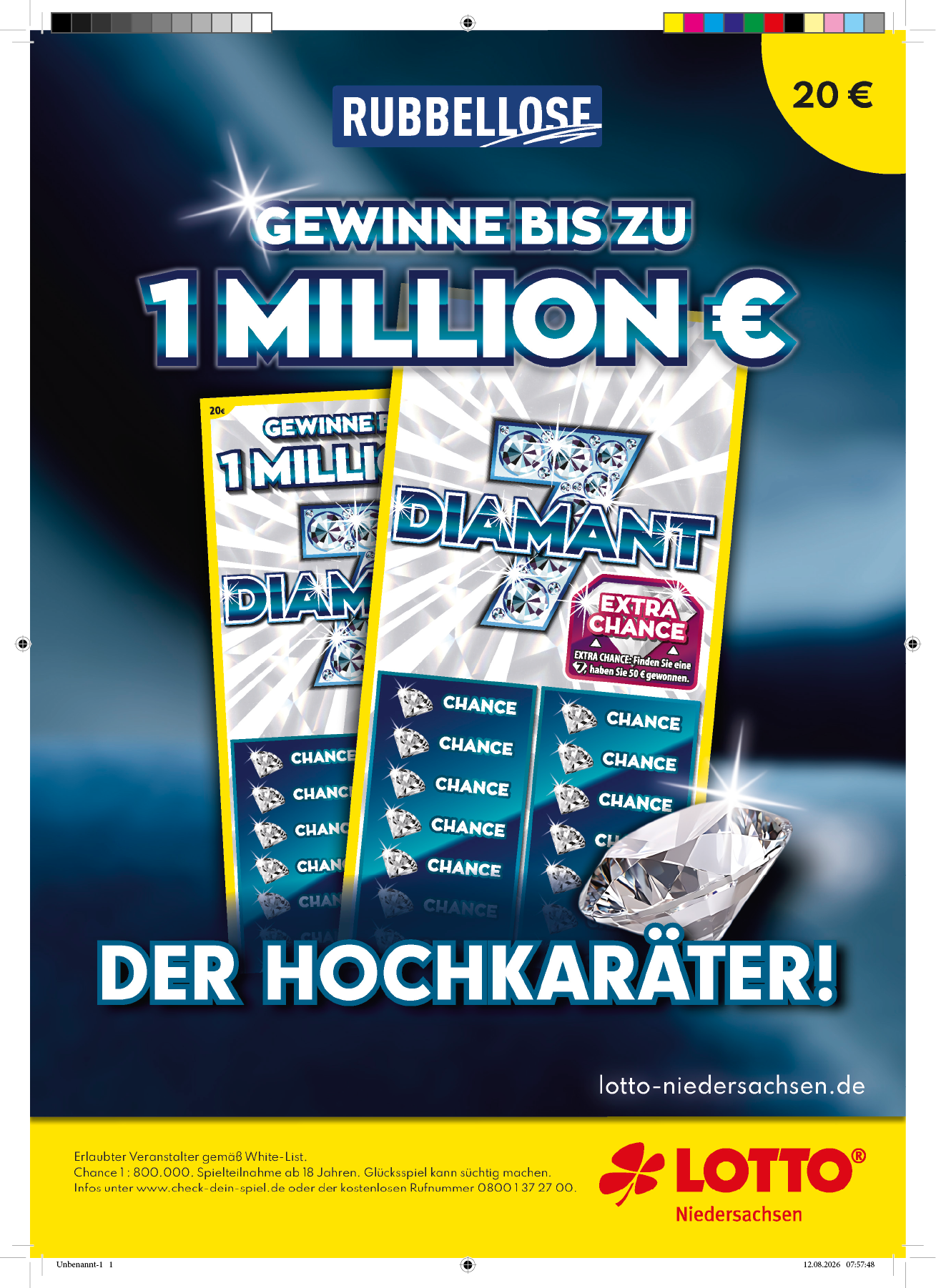 Ein Werbeplakat f r ein Rubbellos mit der Chance auf einen Millionengewinn und einem gro en Diamanten als Motiv. Beschreibung von KI generiert