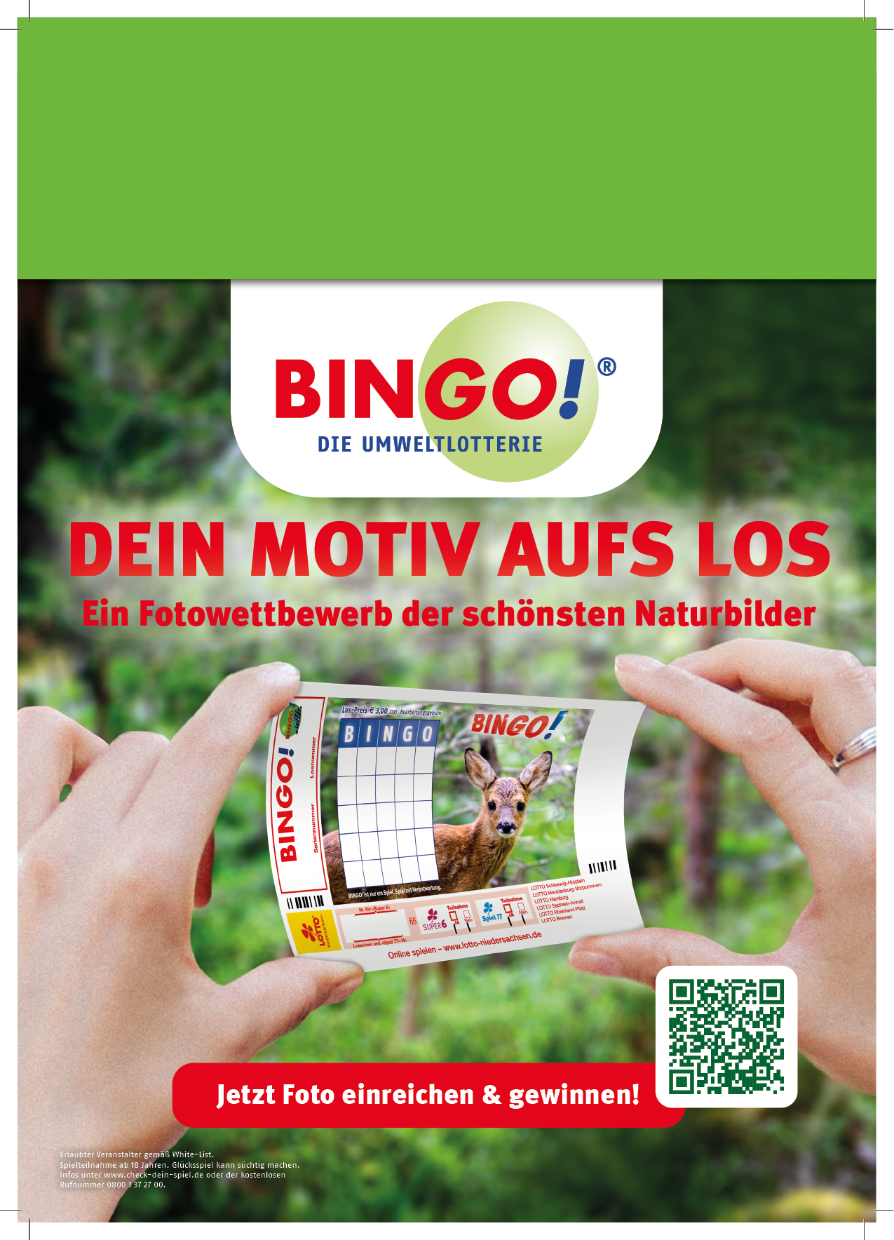 H nde halten ein Smartphone mit einem Foto eines Rehs auf dem Bildschirm und werben f r einen Fotowettbewerb der sch nsten Naturbilder mit dem Text „Dein Motiv aufs Los“ und einem Aufruf, Fotos einzureichen und zu gewinnen. Beschreibung von KI generiert