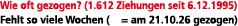 Wie oft gezogen? (1.612 Ziehungen seit 6.12.1995) Fehlt so viele Wochen ( = am 21.10.26 gezogen)